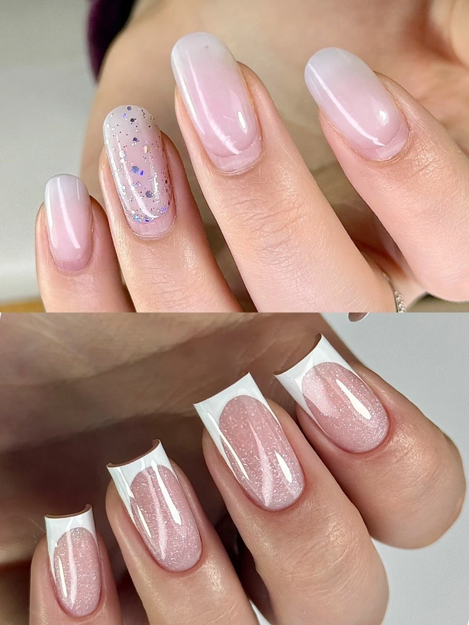 Коллаж из двух фото: розовые овальные ногти и белый френч на квадрате