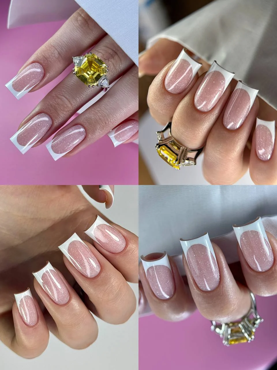 Коллаж из четырёх фото: белый френч на мерцающей базе, квадрат